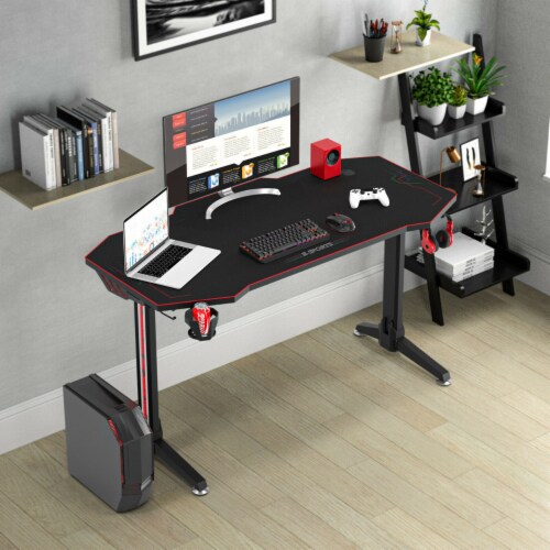 55 Gaming Desk T shaped Computer Desk w Full Mouse Pad LED
