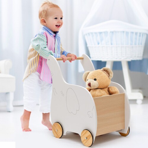 2-in-1 Baby Learning Walker Wooden Toddler Push Walker Toys w/ Wheels Perspective: bottom