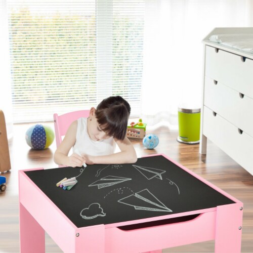 3 in 1 Kids Wood Table Chairs Set w/ Storage Box Blackboard Drawing Pink Perspective: bottom