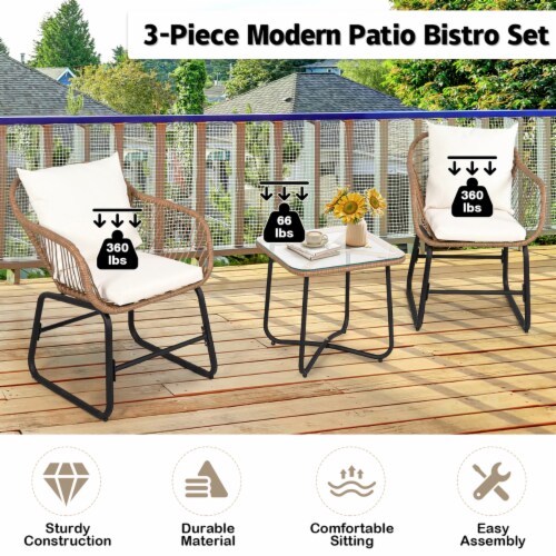 3PCS Outdoor Bistro Set Rattan Patio Conversation Set w Off White