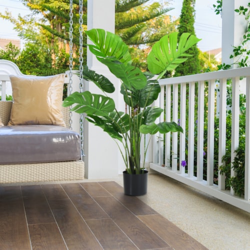 2 Pack Artificial Monstera Deliciosa Tree 4ft Faux Plant w/ Cement-Filled Pot Perspective: bottom