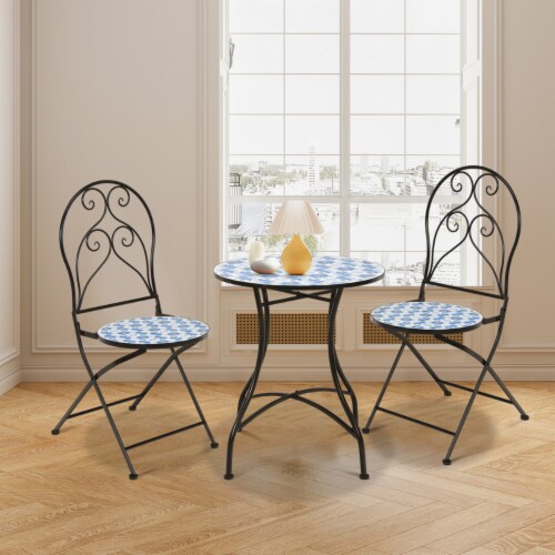 3PCS Mosaic Patio Bistro Set Conversation Set w Folding Chairs