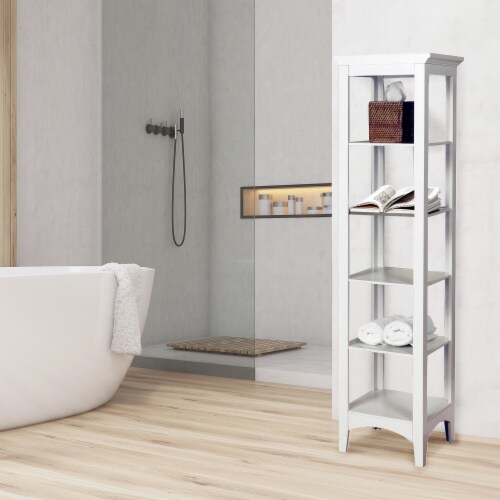 Elegant Home Fashions Wooden Bathroom Linen Storage Cabinet Space Saver w/ 5 shelves White Perspective: bottom