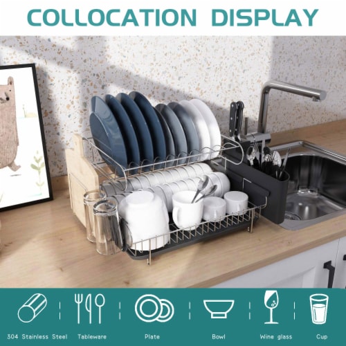 Drying Dish Rack and Drain Board Set Utensil Holder Metal Kitchen