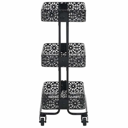 Riverbay Furniture 3 Tier Metal Serving Cart in Distressed Glossy Black Perspective: bottom