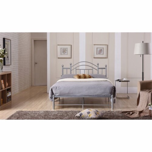 Pemberly Row Queen Metal Bed in Silver 