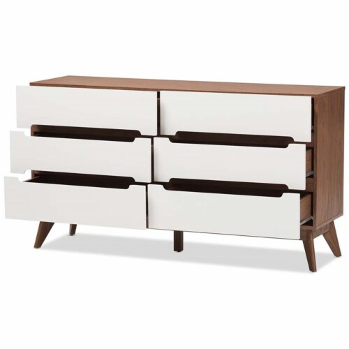 Levan Home Modern 6 Drawer Double Dresser in White and Walnut Perspective: bottom