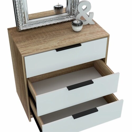Levan Home 3 Drawer Bedroom Chest Dresser in White & Light Oak Perspective: bottom
