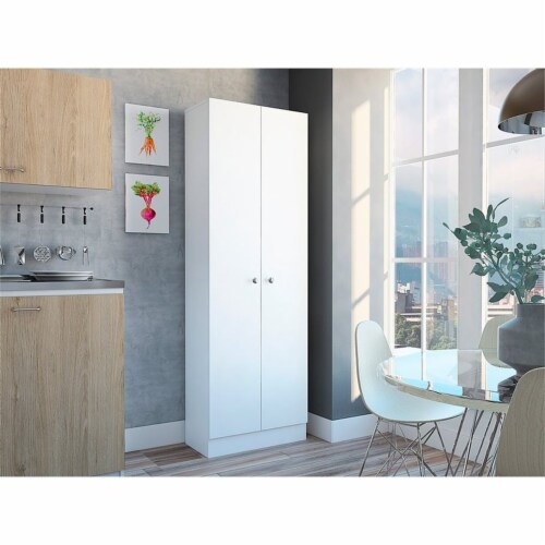 Levan Home Modern Engineered Wood Tall Utility Storage Cabinet/ Pantry in White Perspective: bottom