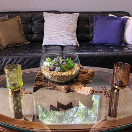 Blown Molten Glass Decorative Bowl / Terrarium On Teak Driftwood Base Perspective: bottom