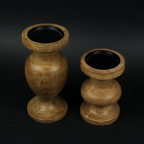 Set of 2 Turned Wood and Metal Pedestal Pillar or Votive Candle Holders Perspective: bottom