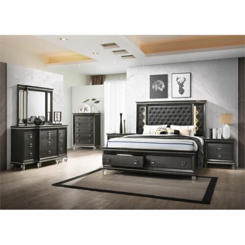 Lavish 6 Piece Gray Bedroom Set with Light up Headboard in Eastern