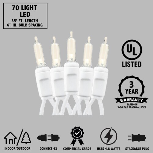 70 Light T5 LED Christmas Mini Light Set, Warm White, White Wire, 35' Long Perspective: bottom