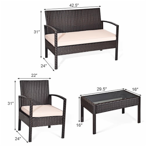 Costway 4PCS Patio Rattan Conversation Furniture Set Cushioned Seat Glass Table Perspective: bottom