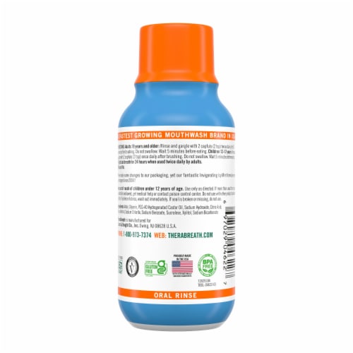 TheraBreath Fresh Breath Mouthwash Travel Size Icy Mint Alcohol-Free Perspective: bottom