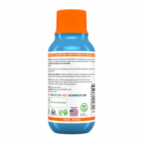 TheraBreath Fresh Breath Mouthwash Travel Size Icy Mint Alcohol-Free Perspective: bottom