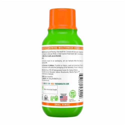 TheraBreath Fresh Breath Mouthwash Travel Size Mild Mint Alcohol-Free Perspective: bottom