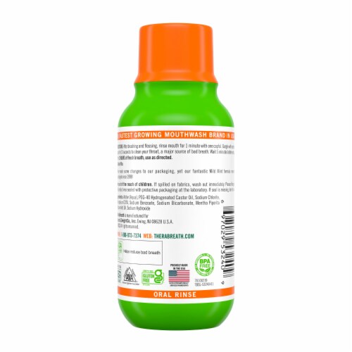 TheraBreath Fresh Breath Mouthwash Travel Size Mild Mint Alcohol-Free Perspective: bottom