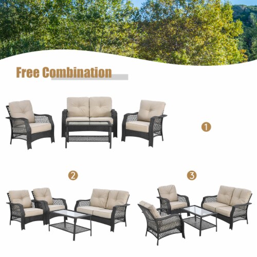 Costway 4PCS Patio Wicker Furniture Set Loveseat Sofa Coffee Table W/ Cushion Perspective: bottom