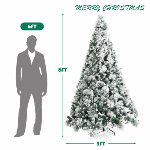 Costway 8ft Snow Flocked Christmas Tree Glitter Tips w/ Pine Cone & Red Berries Perspective: bottom