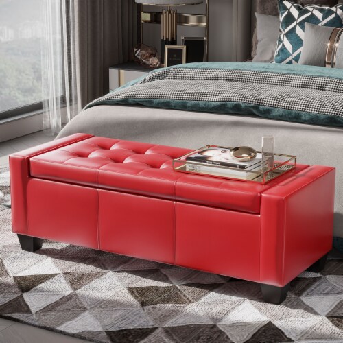 Red faux shop leather storage ottoman