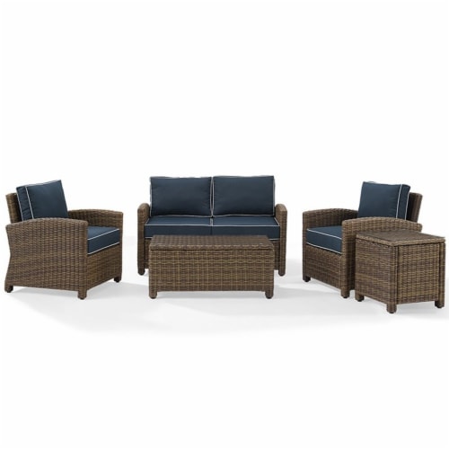 5-Piece Outdoor With Navy Cushions - Loveseat, Two Arm Chairs, Side Table & Glass Top Table Perspective: bottom