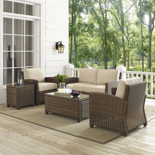 5-Piece Outdoor Wicker With Sand Cushions - Loveseat, Two Arm Chairs, Side Table Perspective: bottom