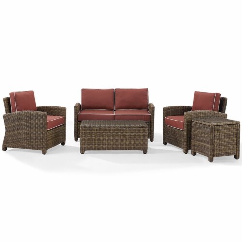 5-Piece Outdoor Wicker Loveseat, Two Arm Chairs, Side Table & Glass Top Table Perspective: bottom