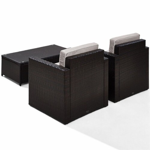 3 Piece Outdoor Seating Set With Gray Cushions - Two Outdoor Chairs & Glass Top Table Perspective: bottom