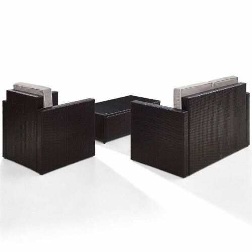 3 Piece Outdoor Wicker Seating Set With Gray Cushions - Loveseat, Chair & Glass Top Table Perspective: bottom