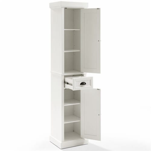 Crosley Seaside 2 Drawer Linen Cabinet in Distressed White Perspective: bottom