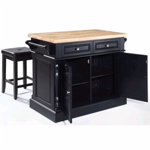 Butcher Block Top Kitchen Island In Black With 24  Black Upholstered Square Seat Stools Perspective: bottom