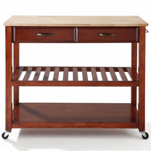 Natural Wood Top Kitchen Cart/Island With Optional Stool Storage In Classic Cherry Finish Perspective: bottom