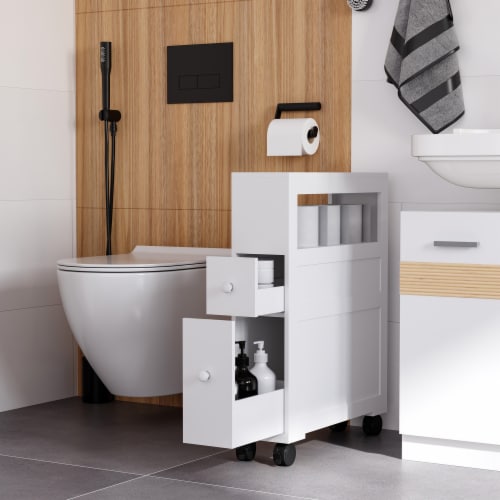 Wooden Rolling Narrow Bathroom Storage Side Cabinet w Slide Out