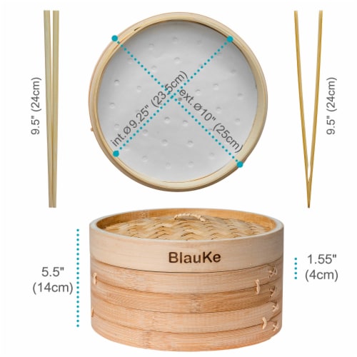 Bamboo Steamer Basket 10 Inch with 2 Pairs Chopsticks, Tongs and 50 Paper Liners Perspective: bottom