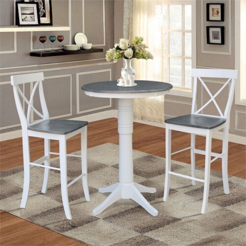 30  Round Wood Bar Height Table With 2 X-back Stools in White/Heather Gray Perspective: bottom