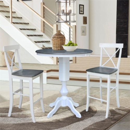 36  Round Wood Extension Bar Height Table and 2 Stools in White/Heather Gray Perspective: bottom