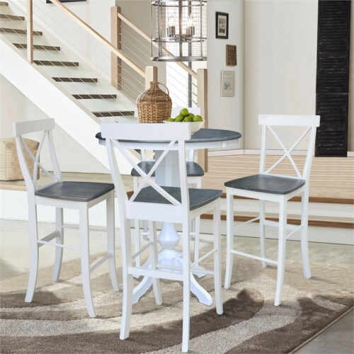 36  Round Wood Extension Bar Height Table and 4 Stools in White/Heather Gray Perspective: bottom