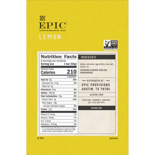 EPIC Lemon Performance Protein Bars 9 Count Perspective: bottom