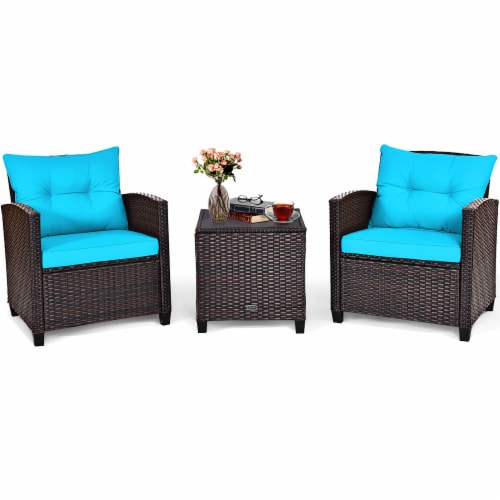 Costway 3PCS Patio Rattan Furniture Set Cushioned Conversation Set Sofa Turquoise Perspective: bottom