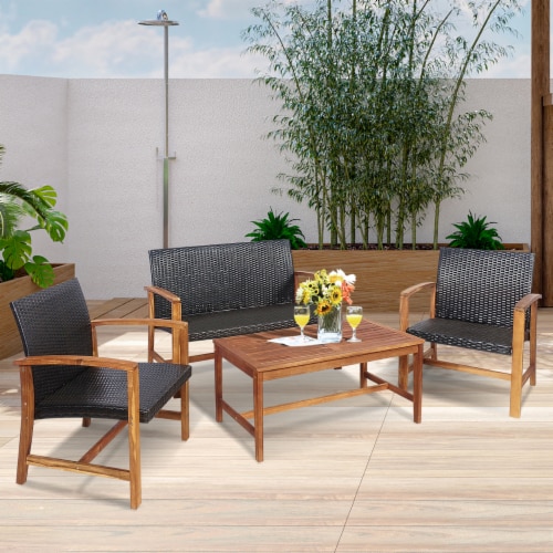 Costway 8PCS Outdoor Patio Rattan Furniture Set Acacia Wood Frame