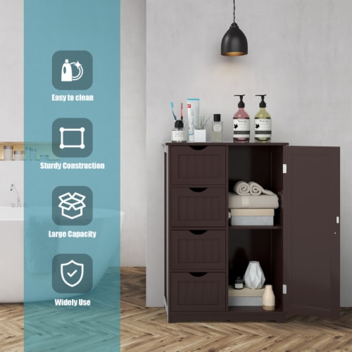 Wooden 4 Drawer Bathroom Cabinet Storage Cupboard 2 Shelves Free Standing Brown Perspective: bottom