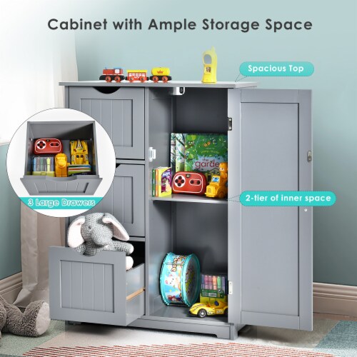 Costway Bathroom Floor Cabinet Side Storage Cabinet with 3 Drawers and 1 Cupboard Grey Perspective: bottom
