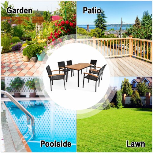 7 PCS Patio Rattan Dining Set Acacia Wood Table Top Stackable