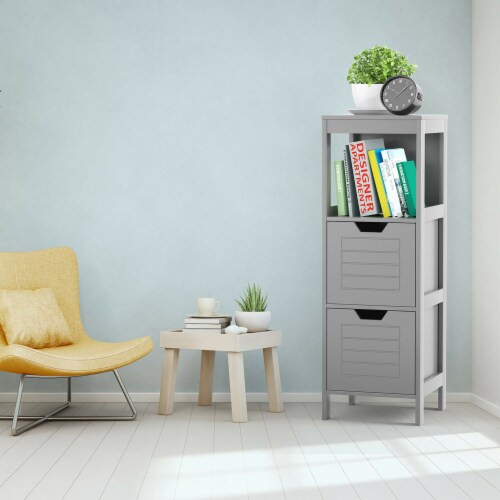 Costway Bathroom Wooden Floor Cabinet Multifunction Storage Rack Stand Organizer Gray Perspective: bottom