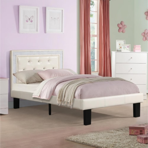 Silky & Sheeny Wooden Full Bed With Light Bone PU Tufted Head Board, White Finish- Saltoro Perspective: bottom