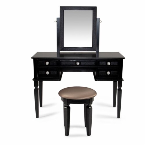 Poundex Wood Vanity Set with Stool and Mirror in Galaxy Black 1
