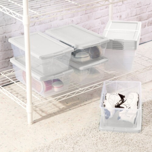 Sterilite 6 Qt Storage Box, Stackable Bin with Lid, Plastic Container to  Organize Shoes and Crafts on Closet Shelves, Clear with White Lid, 12-pack