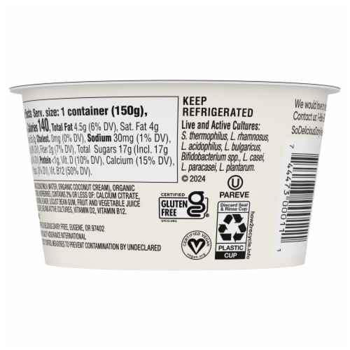 So Delicious Dairy Free Raspberry Coconut Milk Yogurt Cup Perspective: bottom