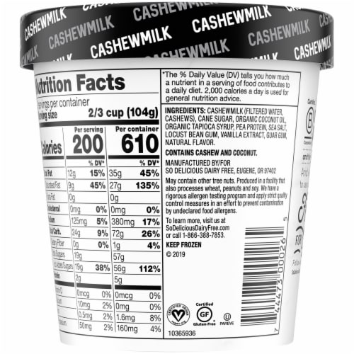 So Delicious Dairy Free Very Vanilla Cashew Milk Frozen Dessert Carton Perspective: bottom